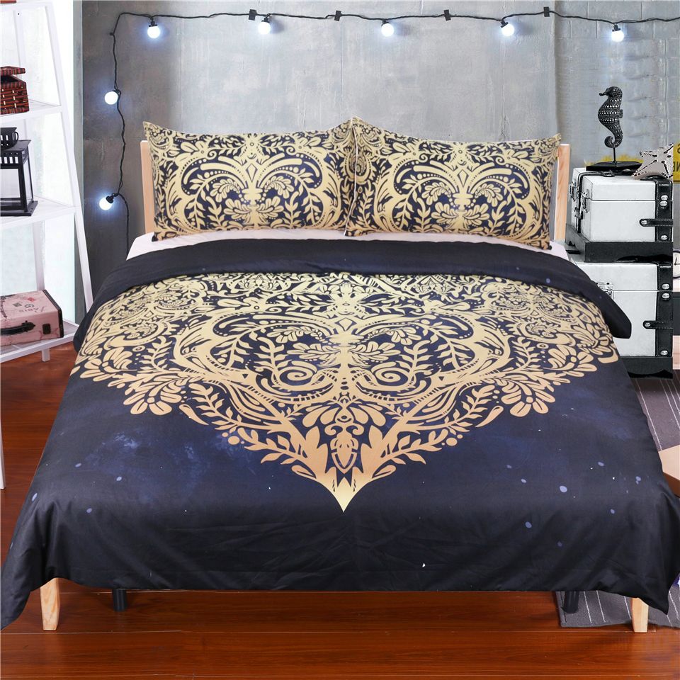 Novelty Gift Golden Heart Leaf Pattern Bedding Duvet Cover Set