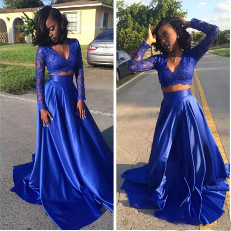 2019 Royal Blue Two Pieces Arabic Prom Dress South African A Line V