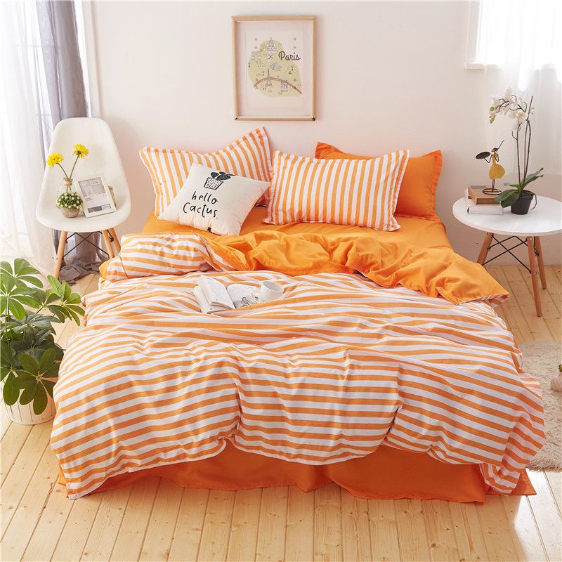 Stripe White Orange Bedding Set Duvet Cover Pillowcases Bed Sheet