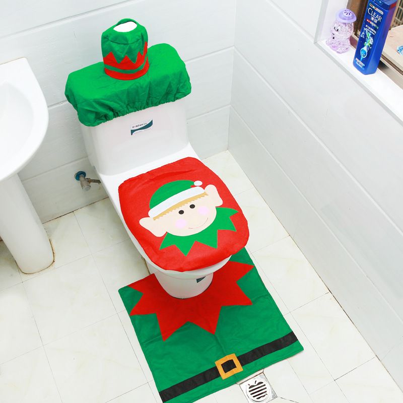 3PCS//Set Christmas Xmas Decoration Santa Toilet Seat /& Cover /& Rug Bathroom Mat