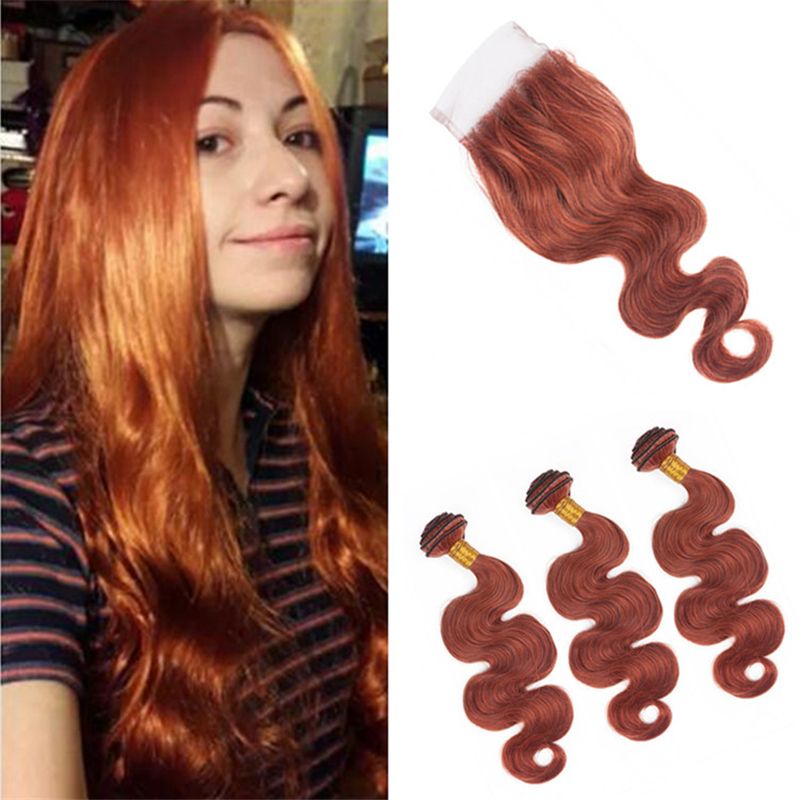 2019 Copper Red Body Wave Hair Bundles With Lace Closure Color 33