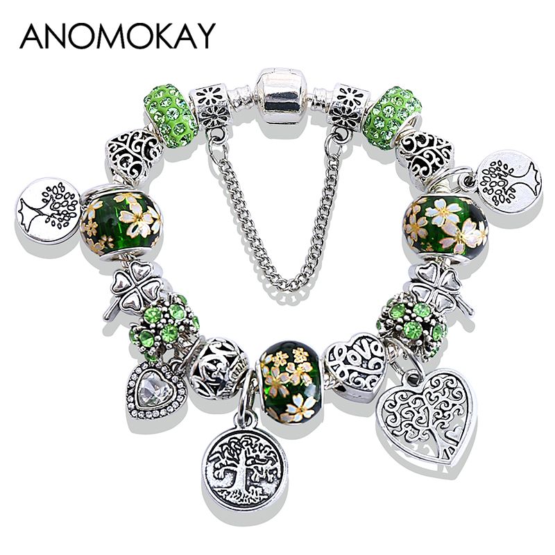 Pulsera De Vida De Árbol Verde Pulsera De Cuentas De Corazón Pulsera De Vida De Árbol Verde Pulsera De Cuentas De Corazón