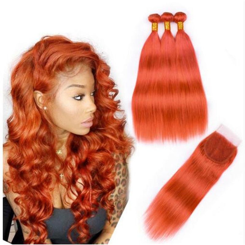 Peruvian Orange Hair 3 Bundles With Closure Free Middle 3 Part 4x4