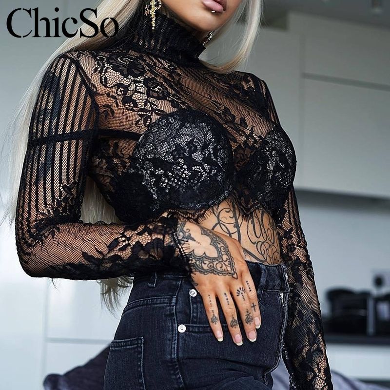 Acheter Missychilli Black Sexy Chemisier En Dentelle Femmes Chemise A Manches Longues Haut Transparent Automne Hiver Col Roule Gland Blouse Femme De 22 3 Du Pinkcolor Fr Dhgate Com