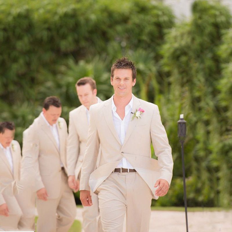 Tailored Linen Men Suits Beach Wedding Suits For Groom Ivory Groomsmen White Blazer Slim Fit Groom Tuxedo Bridegroom Jacket Pants Mens Dress Wear Mens