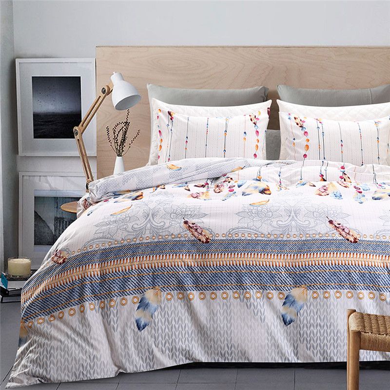 Indian Style White Bedding Set Queen Colored Feather Pattern Duvet