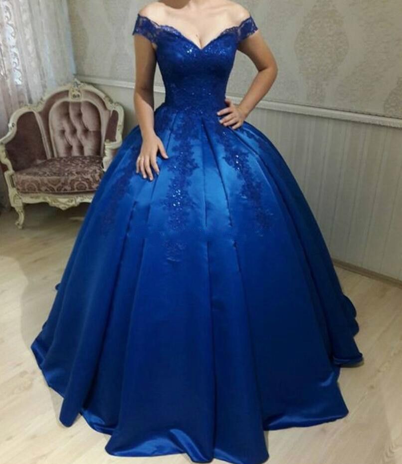 blue off the shoulder ball gown