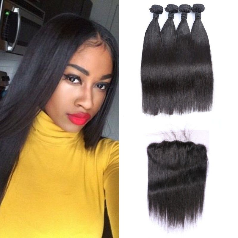 13 6inch Virgin Straight Hair Lace Frontal Closure With 4 Bundles