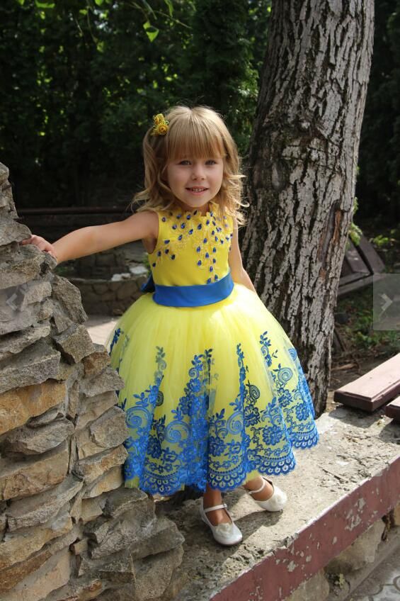 yellow and blue flower girl dresses