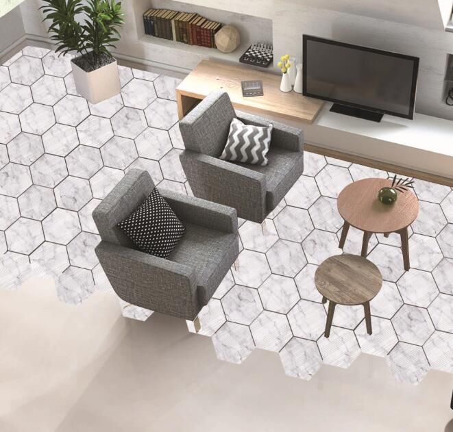 Marble Decorative Floor Stickers Wooden White Hexagon Self