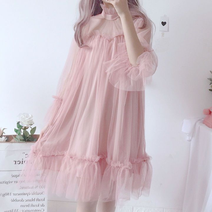 Korean new mesh stitch pink black cute sweet party dress – Kawainess