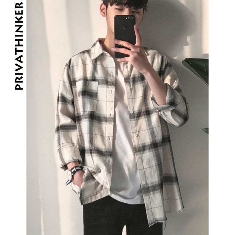 HongMong Spring and Summer Mens Plaid Casual Trend Long-Sleeved Shirt Shirt