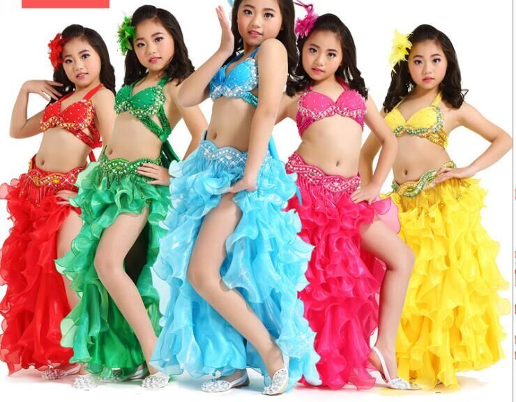Belt Long Skirt 3 Colors Kids Girls Belly Dance Costume Set Top Bar