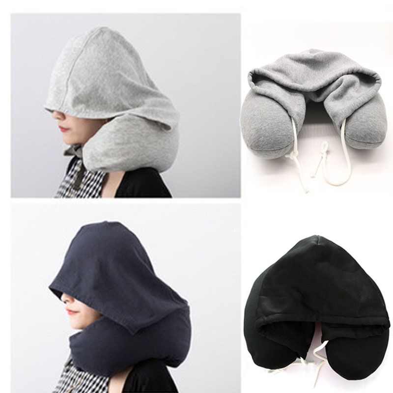 Soft Hooded U Pillow Body Neck Pillow Solid Grey Nap Cotton