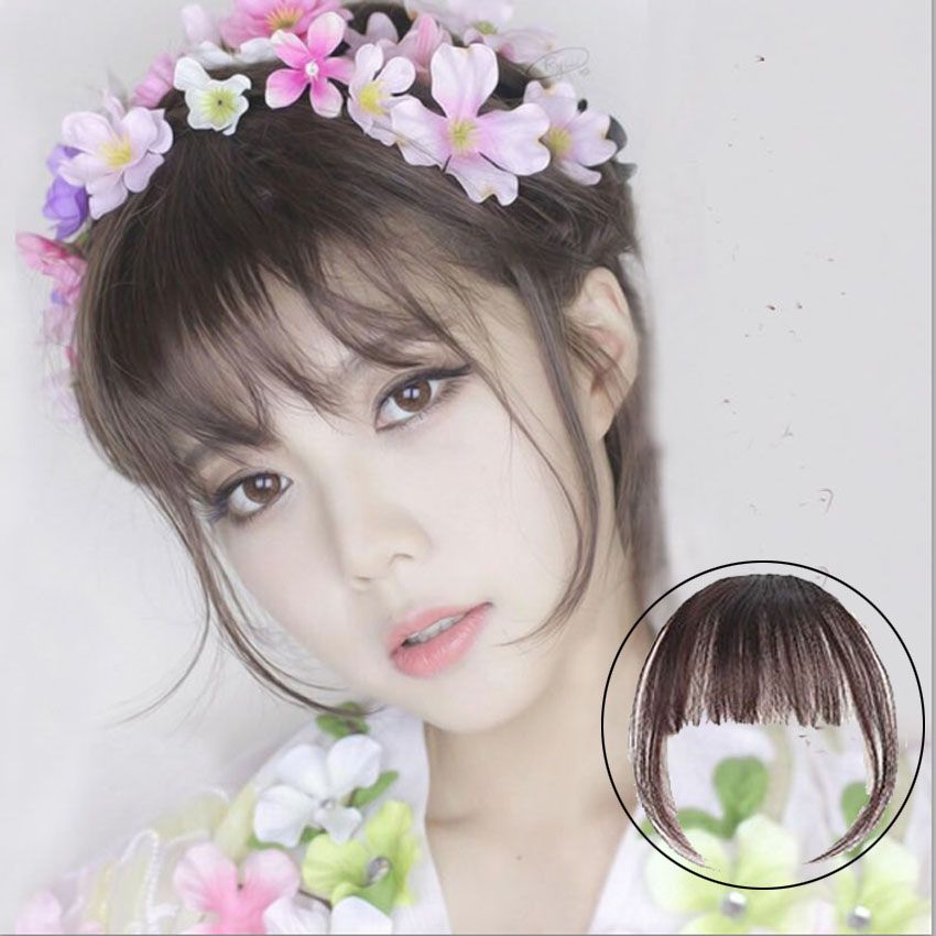 Natural Thin Bang Clip On Hair Fringe Extensions With Temple Hair