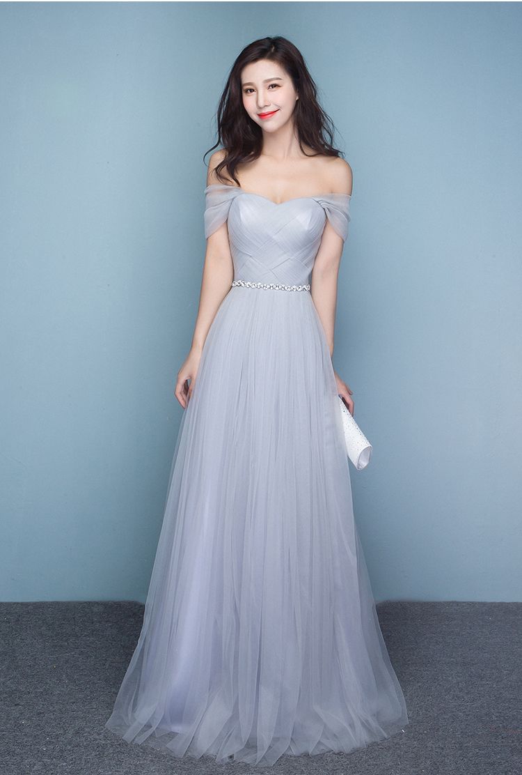 grey off the shoulder bridesmaid dress