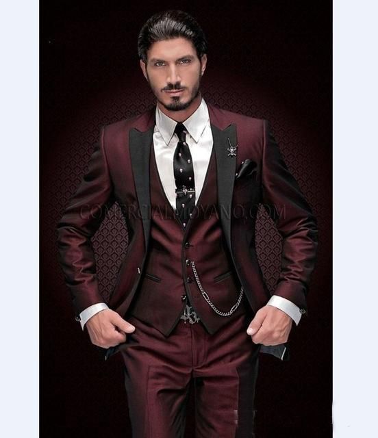 Black Lapel Burgundy Men Suits Fashion 