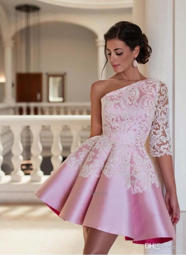 diseño de un hombro vestido de cóctel corto de color rosa 2018 fiesta