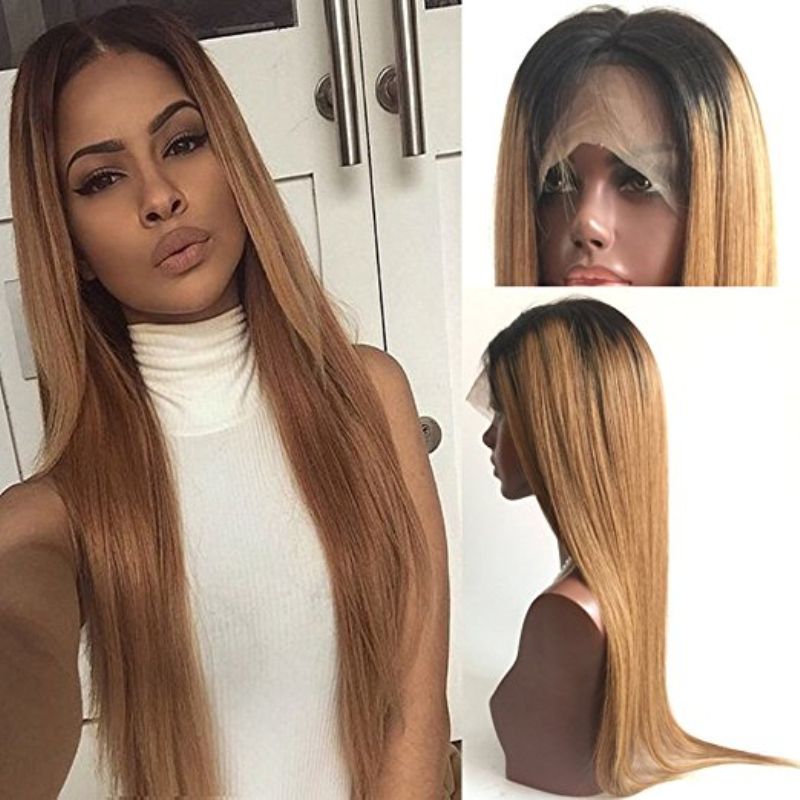 Dark Root 1b 27 Ombre Full Lace Wigs Virgin Straight Human Hair Ombre Blonde Dark Root Lace Front Wigs For Women Bleached Knots Canada 2019 From