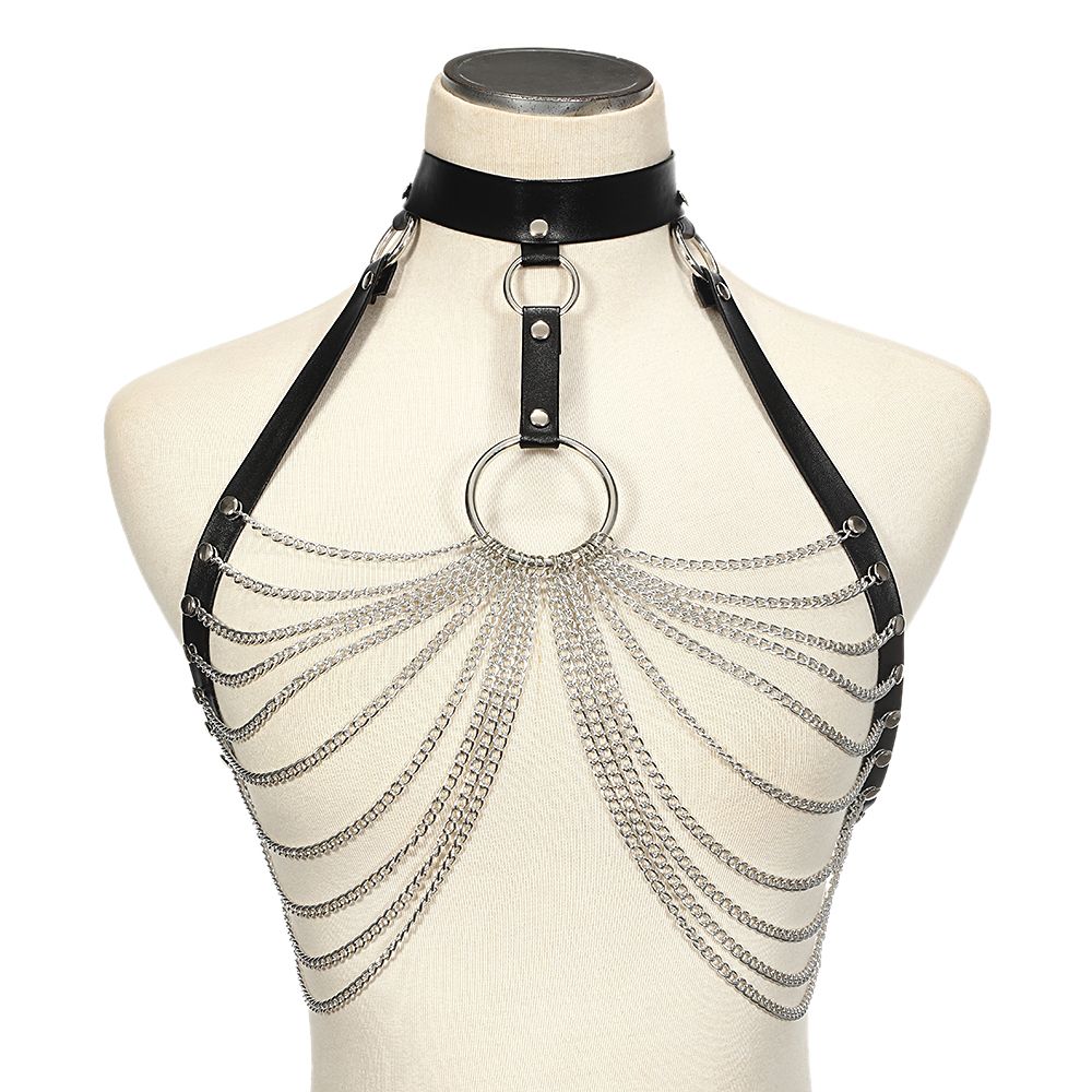 Holographic Two Piece Body Harness Metal Chains Top Waist Bondage Festival Belt Holographic Two Piece Body Harness Metal Chains Top Waist Bondage Festival Belt