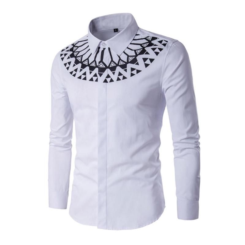 2020 Men Geometric Print Office Shirt White Long Sleeve Business Male Slim Fit Shirt Men High
