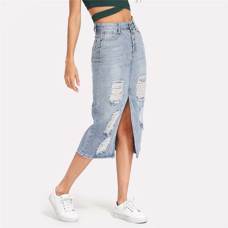 Acquistare Gonna Di Jeans Strappata Con Spacco Sul Davanti Gonna Lunga A  Vita Alta Con Gonna Tubino Blu A Vita Alta Economico | Consegna Veloce E  Qualità | DHgate Italy