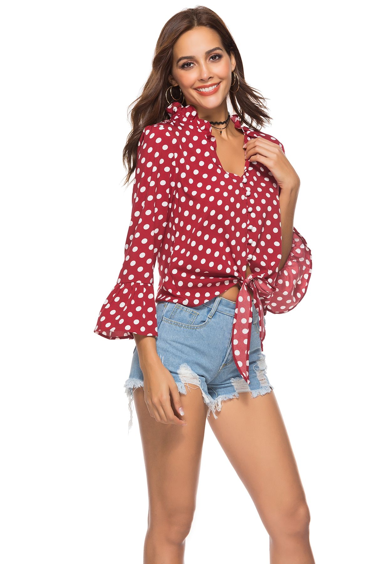 Chemisier à pois boutonnage v-cou manches bouffantes doux femme blouse blanc  - Chemisiers - Hauts