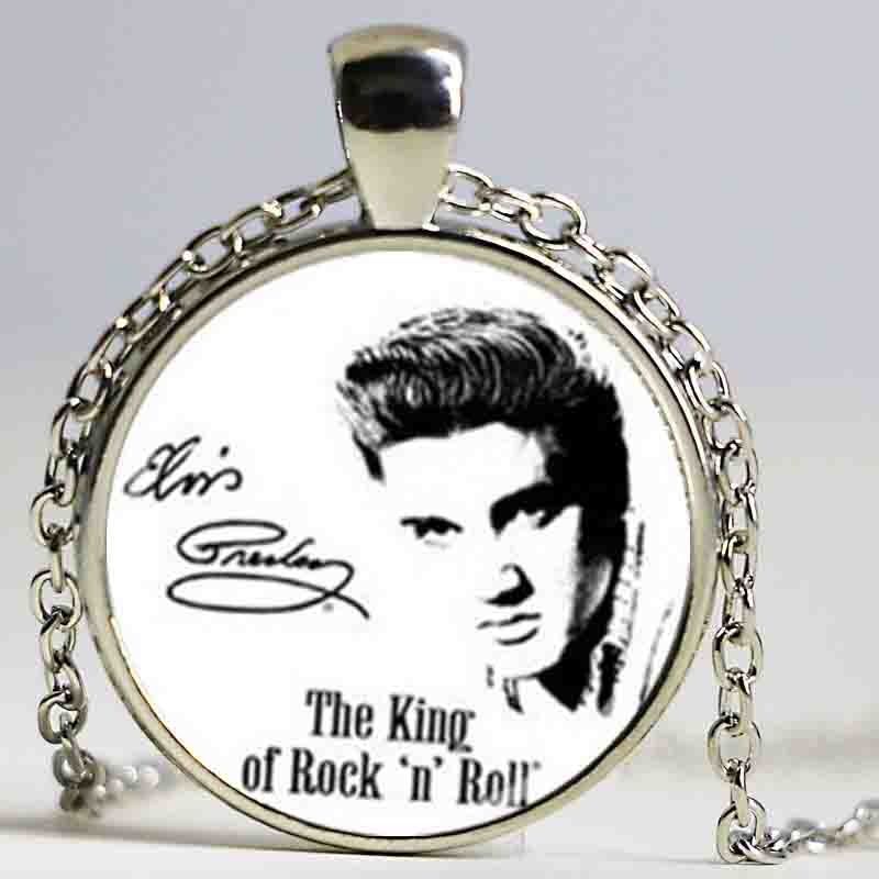 Vintage Elvis Presley Photo Cabochon Verre Bronze Chaîne Collier Pendentif