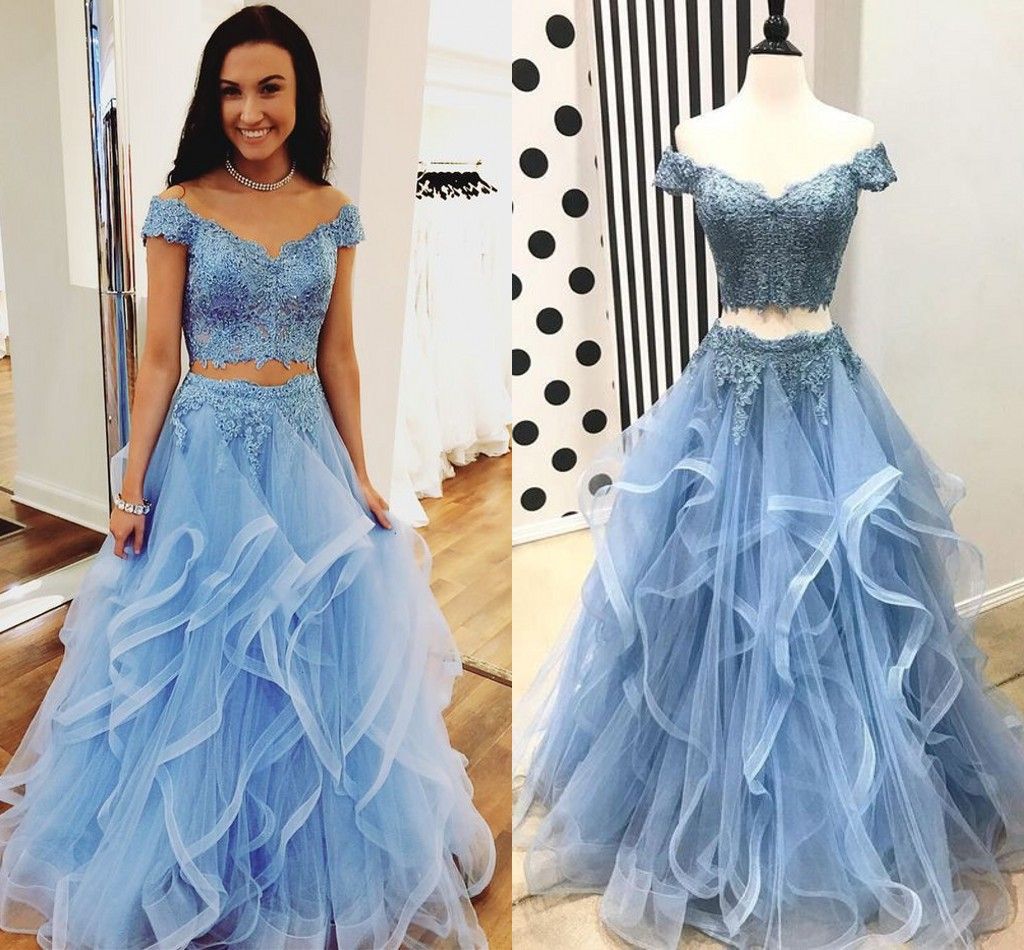 baby blue and gold prom dress