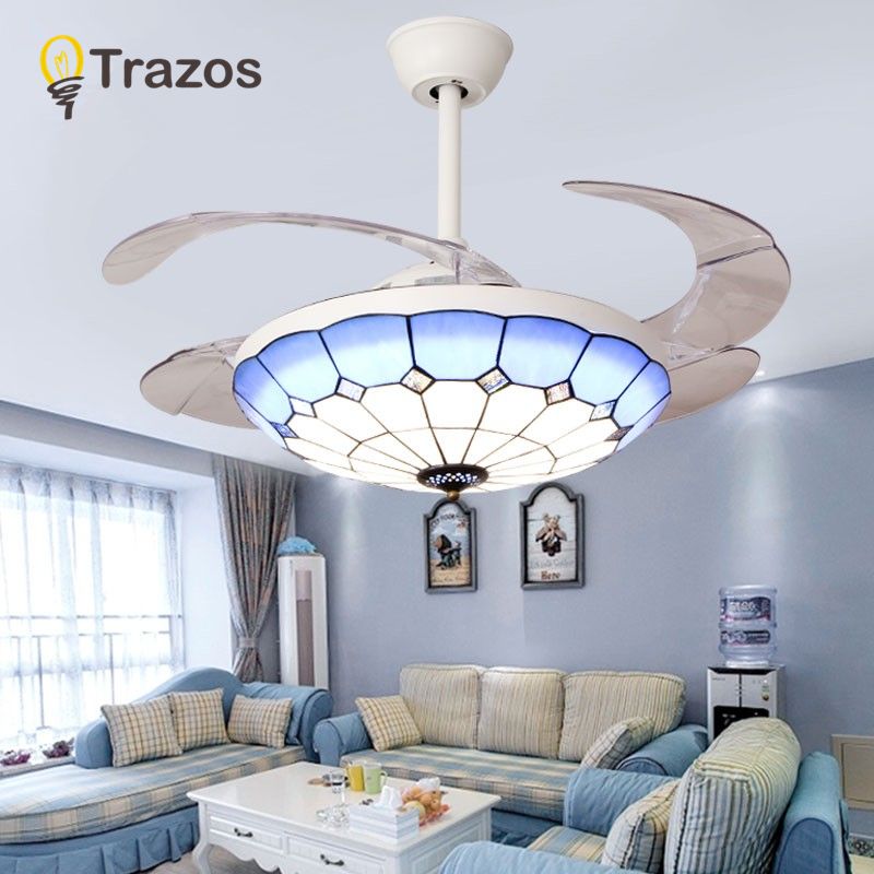 2019 Trazos Nordic Tiffany Ceiling Fan With Lights Blue Folding