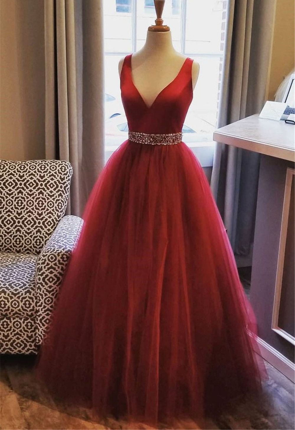red tulle prom dress