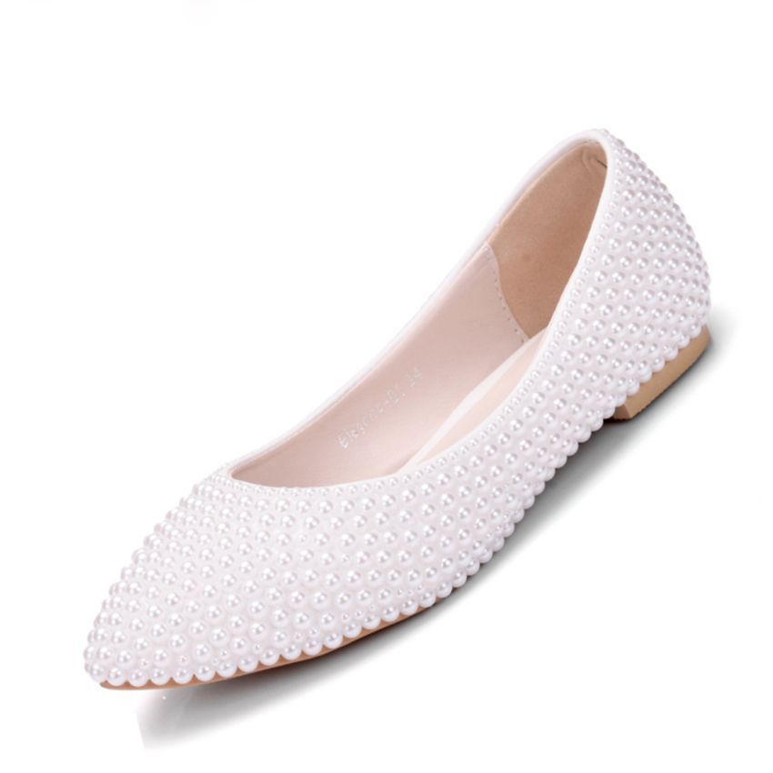 white flats with pearls