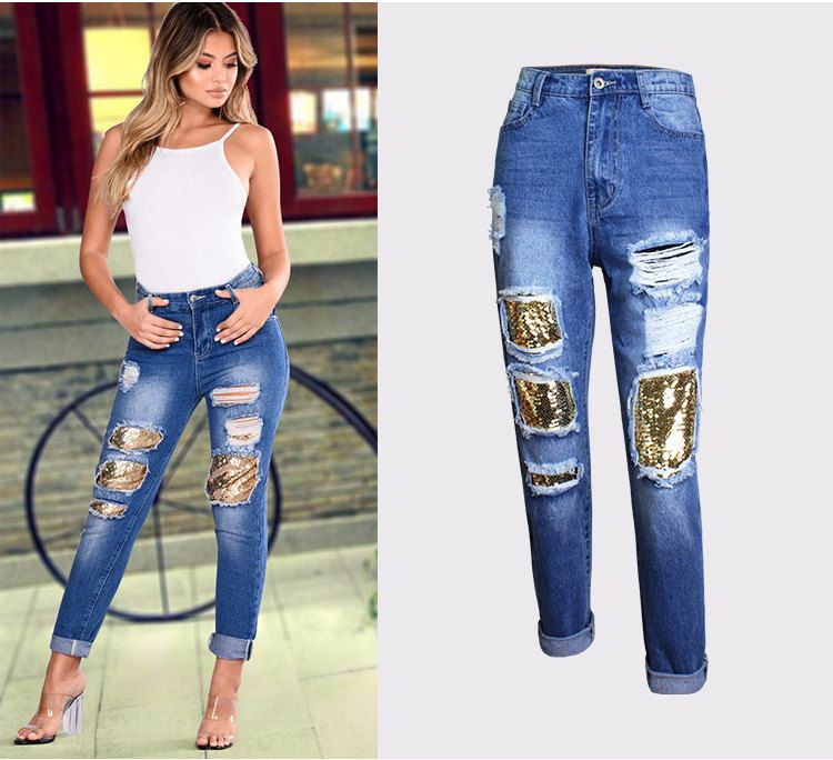 Compre Nueva Moda Pantalones Sueltos Pantalones Vaqueros Pantalones Para  Mujeres Lentejuelas Rectos Gran Agujero Sexy Jeans Para Mujeres A 28,51 €  Del Showready | Es.Dhgate.Com