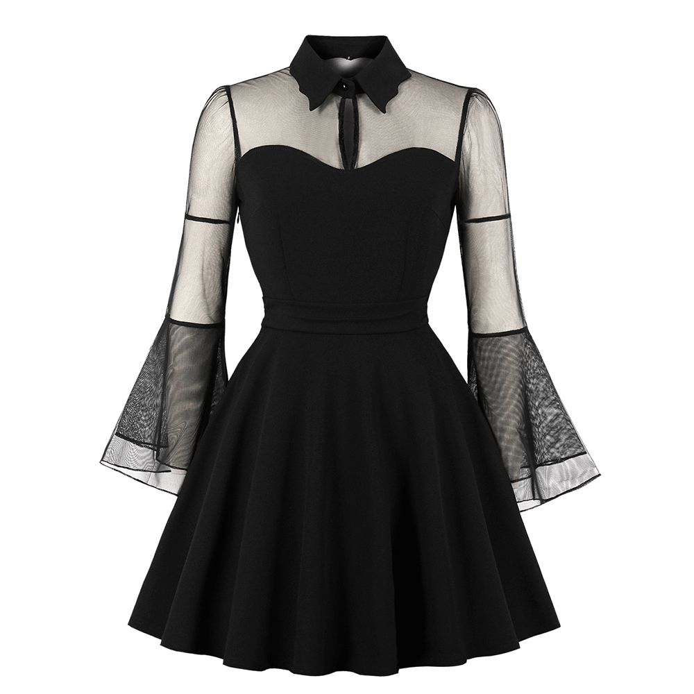 E-Scenery Plus Size Dress Fashion Women Casual Long Sleeve Solid Mesh O-Neck Patchwork Dresses