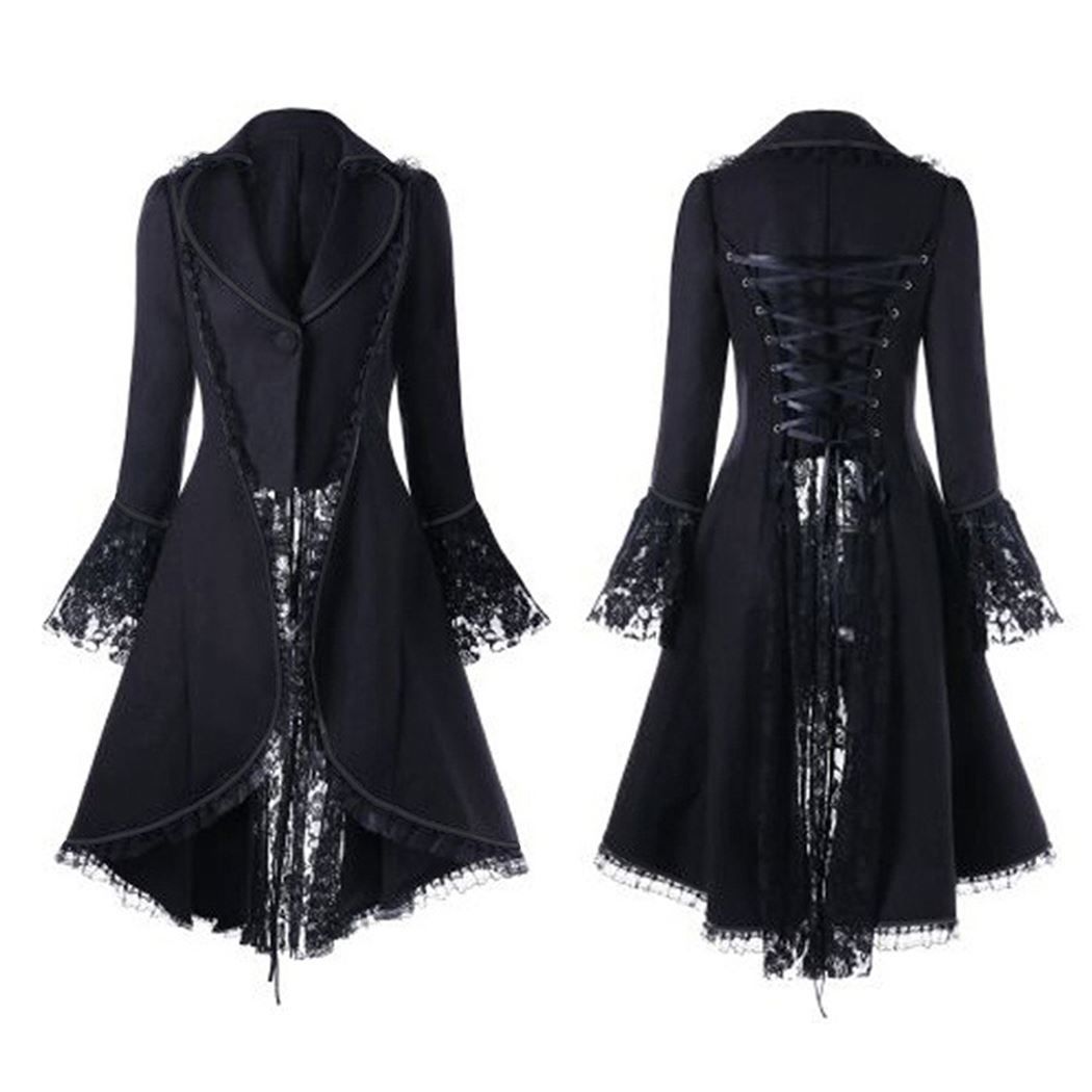 Keepmove Fashion Womens Long Sleeve Gothic Vintage Irregular Tailcoat Solid Pocket Button Jacket Retro Lace Coat 
