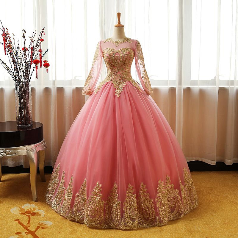 Acheter Robe Rose Quinceanera Robes A Manches Longues Avec Dentelle Dore Applique Robe De Bal Robes De Bal De Bal 18 Longueur Longueur Oil Tille Anniversaire Anniversaire Doux 16 Robes De 212 46