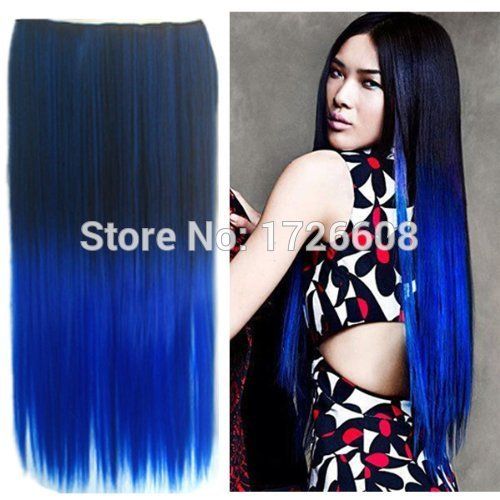 Ombre dark to blue cosplay hair clip in hair extension straight synthetic mega hair pad hot popular women's hairpiece accessory Ombre dark to blue cosplay hair clip in hair extension straight synthetic mega hair pad hot popular women's hairpiece accessory