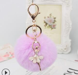 Women Fur Ball Rhinestone Ballerina Keychain Ballet Dancing Girl