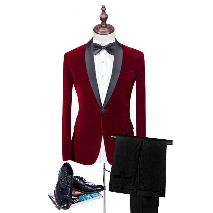 Hot Sale Red Velvet Man Suits For Man Clothes 2 Psc Peaked Lapel