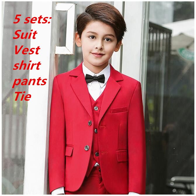 5 sets Trajes de niños para Recién llegado Sólido traje de boda rojo para niños