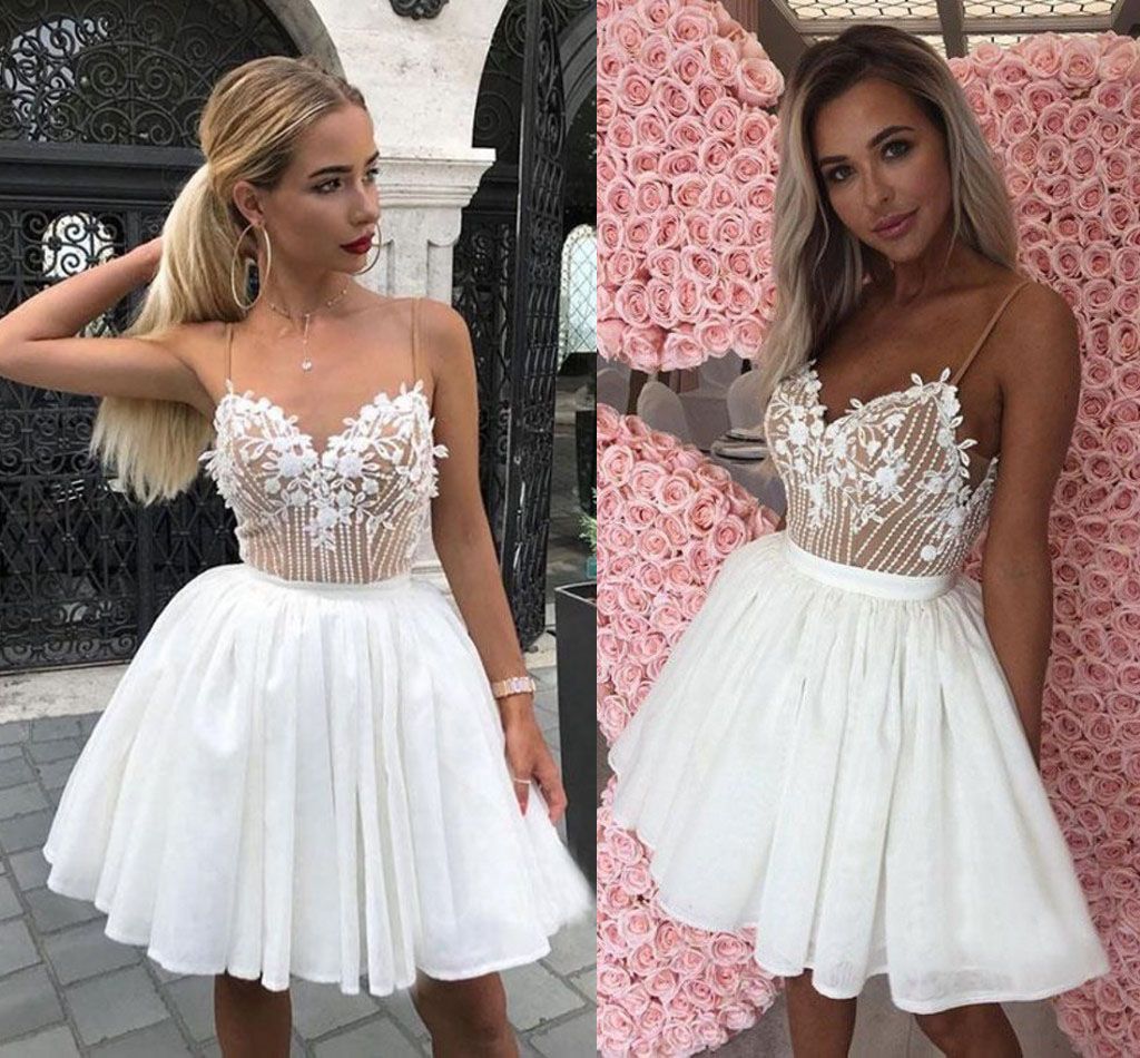 Cute White Short Prom Dresses Spaghetti Straps Appliques Beading Satin Fluffy Evening Party Dresses Short Cocktail Dresses Prom Dress Clearance Prom