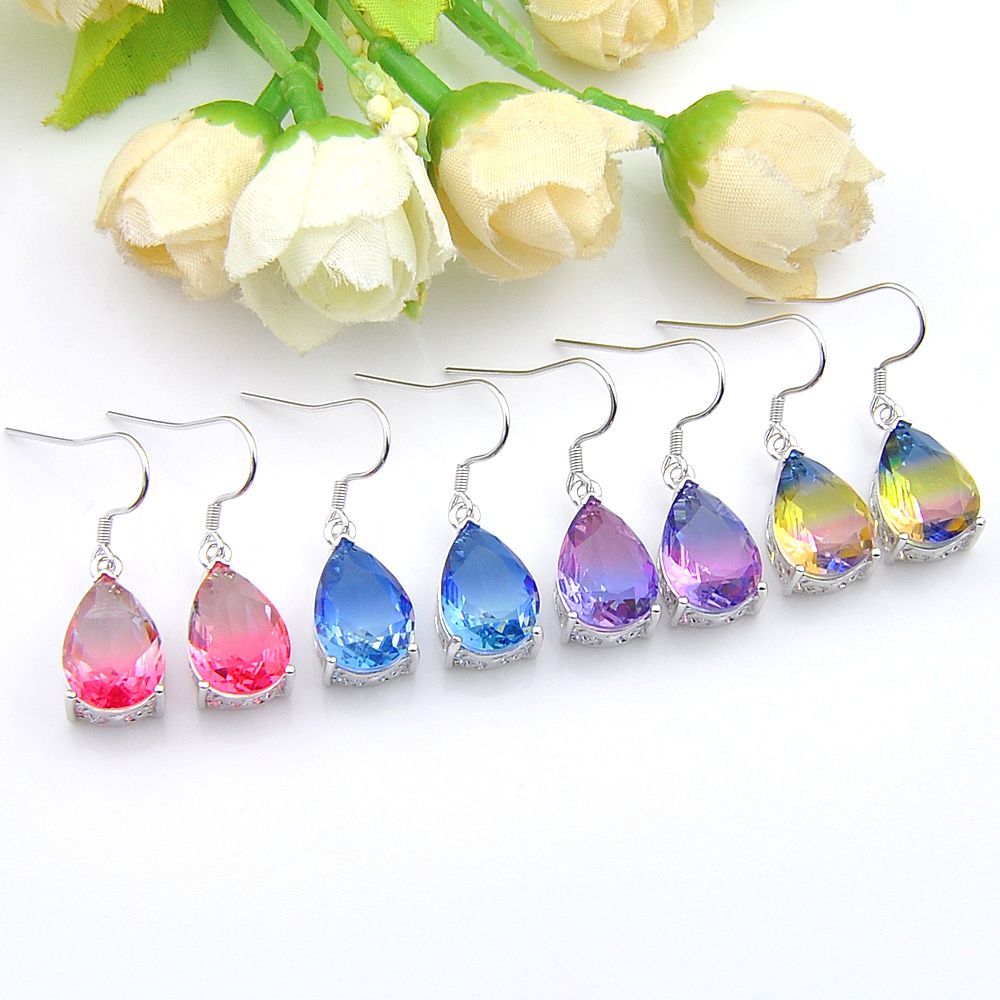 Mix Color 4 pçs / lote 925 sterling silver pequeno e requintado Rainbow Bi-Colored Turmalina Gemstone Prata Dos Namorados Oscila Earrings Jewelr