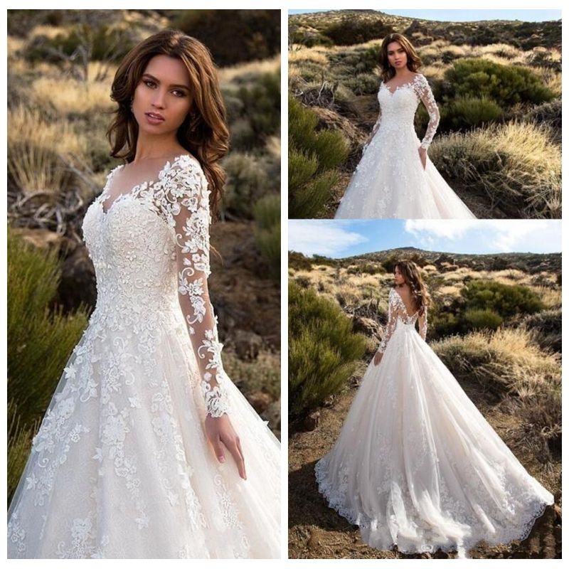 mangas largas encaje princesa Sheer Garden vestidos de novia vestidos novia de tul