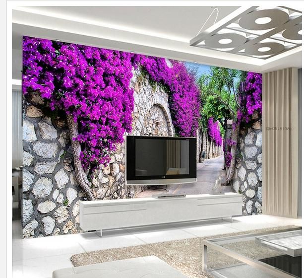Purple flower wall trail 3d TV background wall modern living room wallpapers