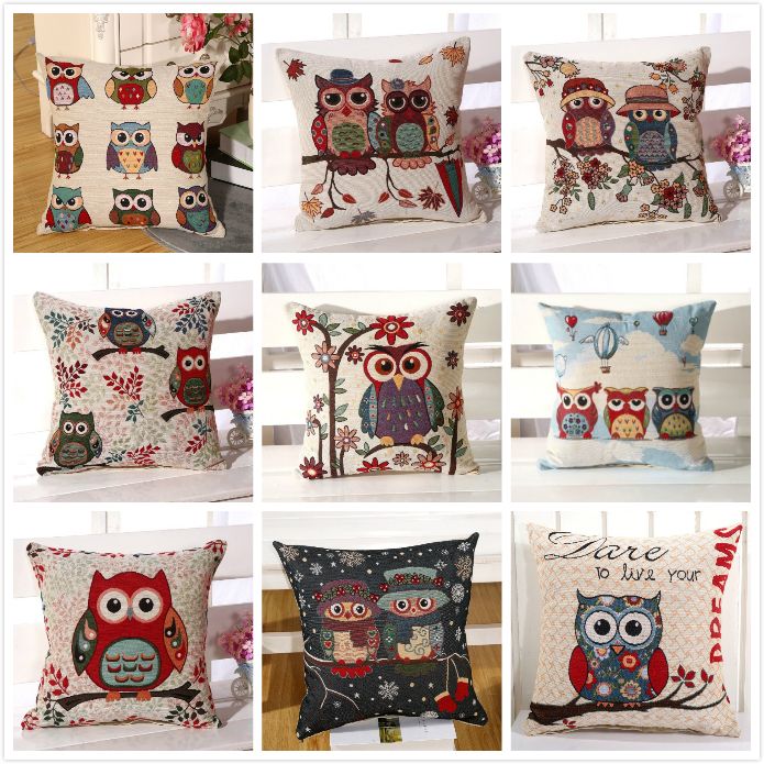 18'' Owl Pattern Cotton Linen Pillow Case Cushion Cover Sofa Home Decor 18'' Owl Pattern Cotton Linen Pillow Case Cushion Cover Sofa Home Decor