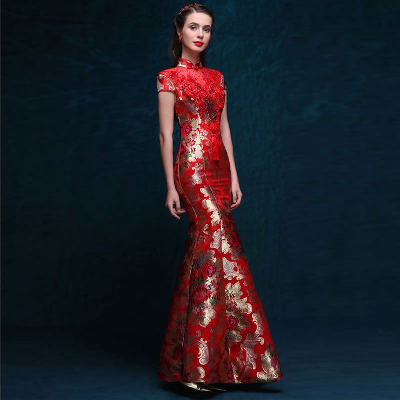 Acheter Rouge Satin Robe Chinoise De Mariee Mariage Qipao Longue