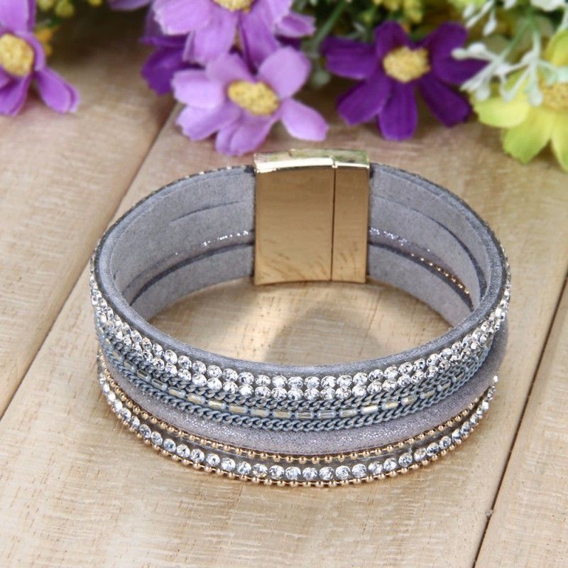 2020 New Fashion Velvet Leather Wrap Wristband Cuff Punk Crystal Chain