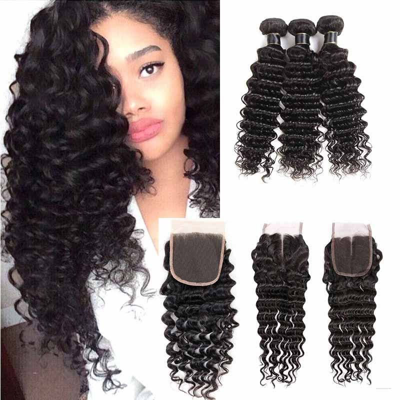 Brazilian Deep Wave Virgin Hair Bundles With Closure Cheap