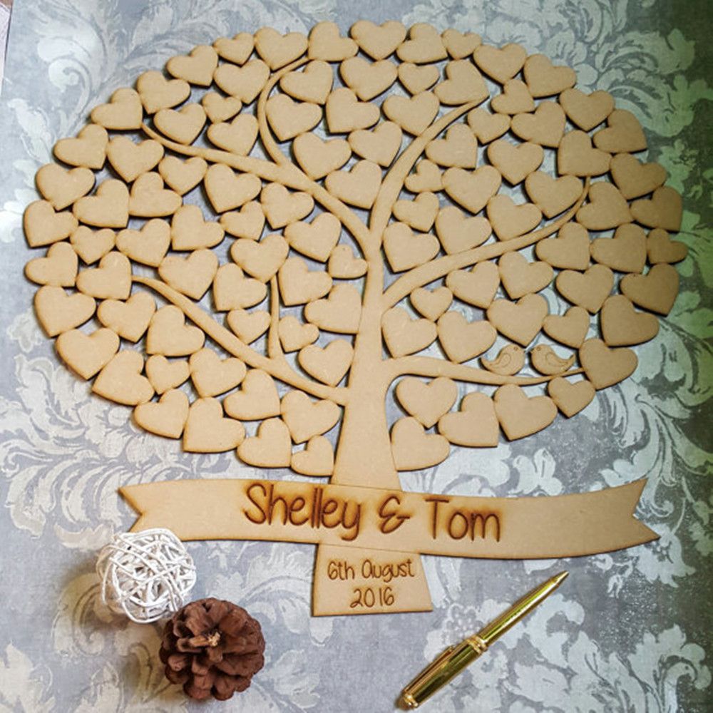 Wooden Personalised Hearts Family Tree Wedding Guestbook Decoration Family Name