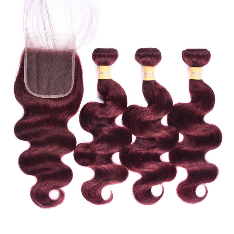 2019 Pure Color Burgundy Red Wine 99j Brazilian Virgin Hair Weave Bundles With Closure Peruvian Malaysian Straight Human Hair Extensions From